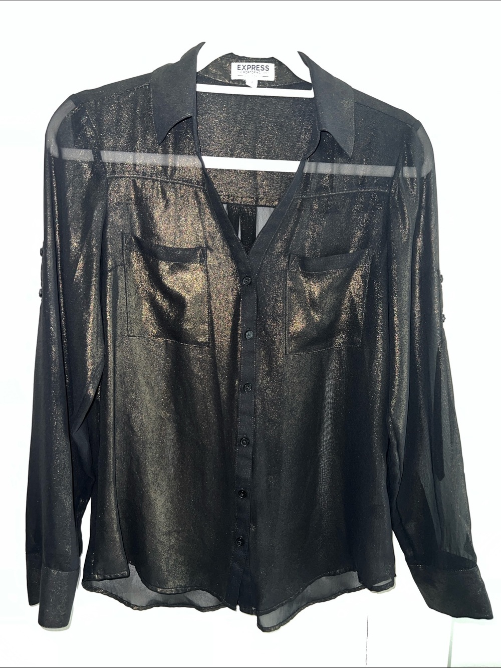 Express Black Sheer Metallic Long-Sleeve Button-Up Blouse Limited Edition